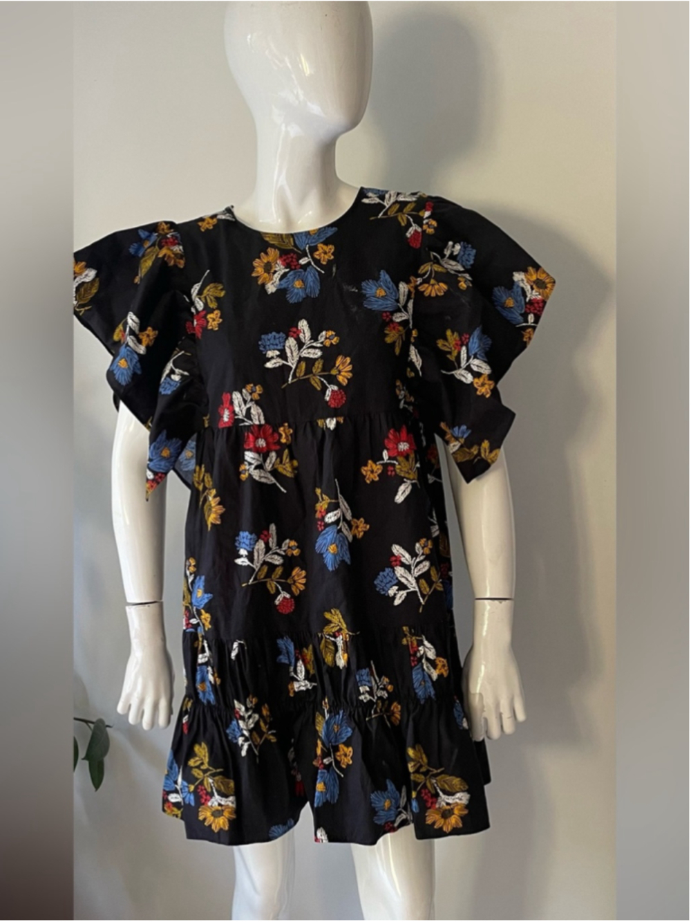 ZARA Floral Ruffle Sleeve Mini Dress | Size S Black Cotton Blend Babydoll Dress - Picture 2 of 10